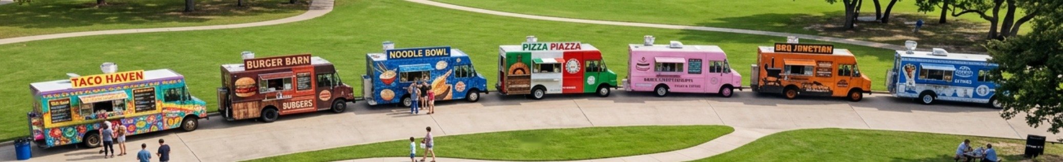 A row of food trucks parked along a park path with customers ordering